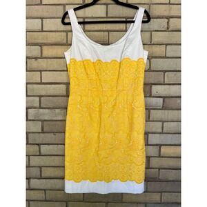 Antonio Melani Yellow White Floral Eyelet Lace Sheath Dress Size 6 Small